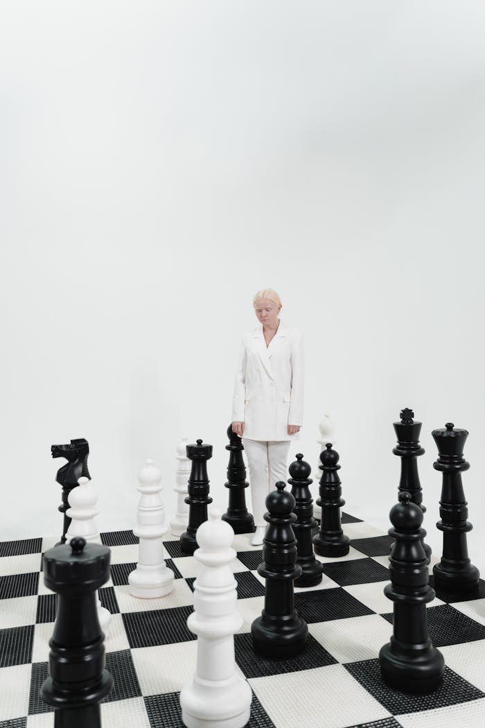 A person in a white suit stands among giant chess pieces on a board, symbolizing strategy.